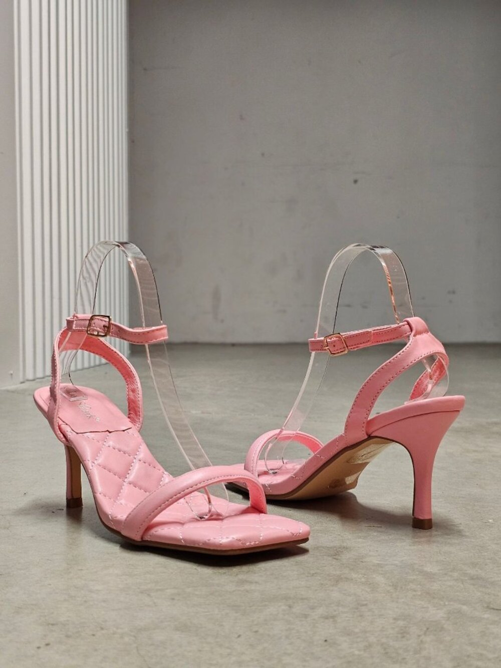Quilted Pink Strappy Heels With Adjustable Ankle Strap & Square Toe Design Elega